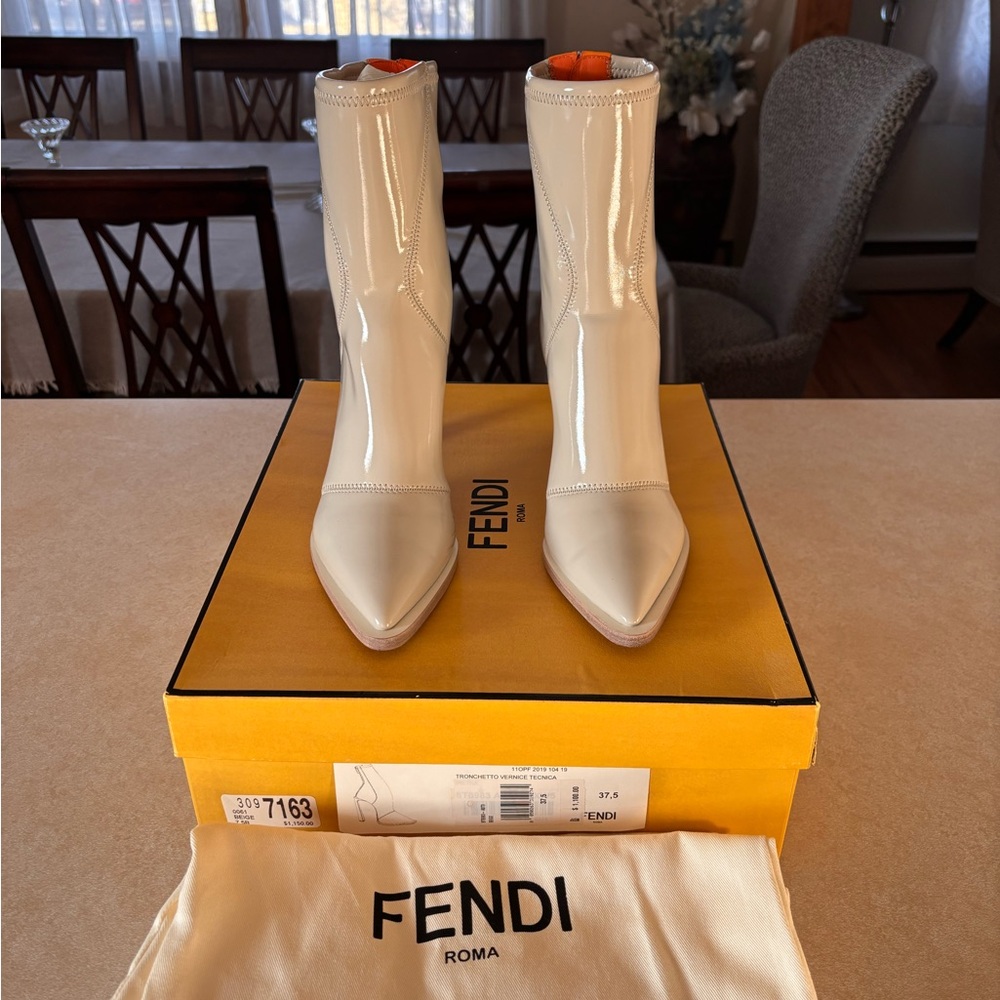 Fendi Patent Leather Pointed Toe Ankle Boots in Cream